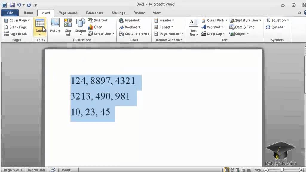 Convert text into a table in word